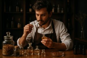 Ein Parfumeur sitzt an seinem Tisch und riecht an seinen Fläschchen - erstellt mit KI