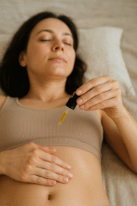 Frau liegt mit Aromaölpipette